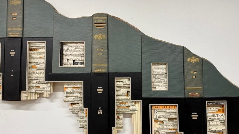 memories-of-mountains2 Brian Dettmer's "Memories of the Mountains" (detail), a sculptural installation commissioned for the Center for the Arts Grand Lobby. The work, made out of Virginia Quarterly Review books, depicts a mountain landscape.