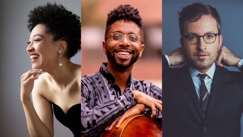 A composite image of headshots of, from left, soprano Julia Bullock, cellist Seth Parker Woods, and pianist Conor Hanick